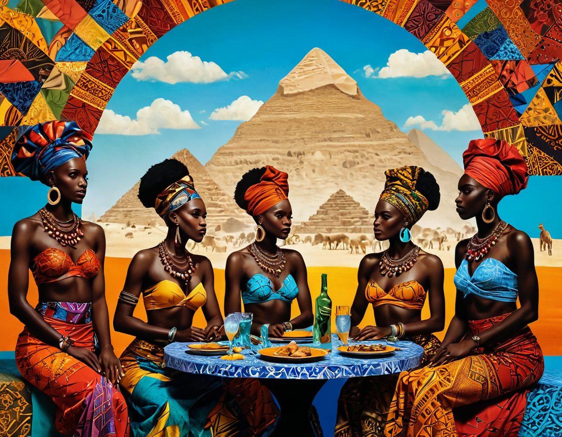 A vibrant collage showcasing African cultural elements intertwined with the adult entertainment industry, featuring silhouettes of diverse adult figures against a backdrop highlighting landmarks like the Great Pyramids and Table Mountain. Incorporate rich African textiles and color patterns to enhance cultural representation while maintaining an artistic touch. The overall tone should be respectful and celebratory, emphasizing diversity and self-expression in adult content. abstract art. vibrant colors. cultural symbols.