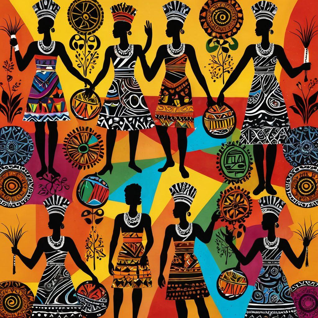 A vibrant collage showcasing diverse African cultures, with silhouettes of adults in traditional attire engaging in various artistic expressions. The background features colorful tribal patterns and symbols representing unity and inclusivity. Include elements such as drums, masks, and dance that highlight the richness of African heritage. The atmosphere is celebratory and engaging, inviting curiosity and respect. vivid colors. mixed media. dynamic composition.
